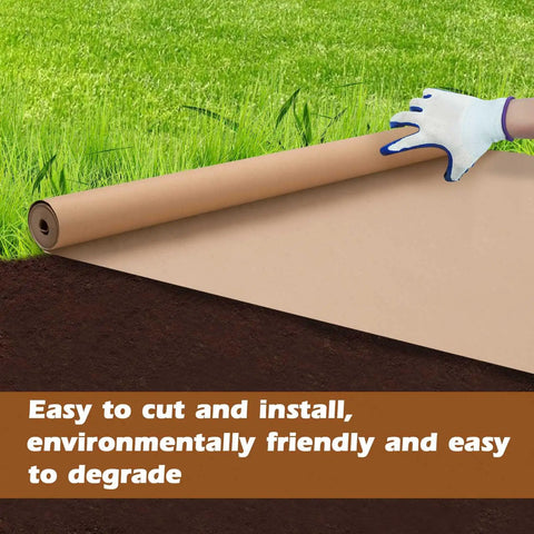4 By 100 Feet Biodegradable Paper Weed Barrier For Landscaping Heavy Duty Landscape Fabric being rolled out on soil