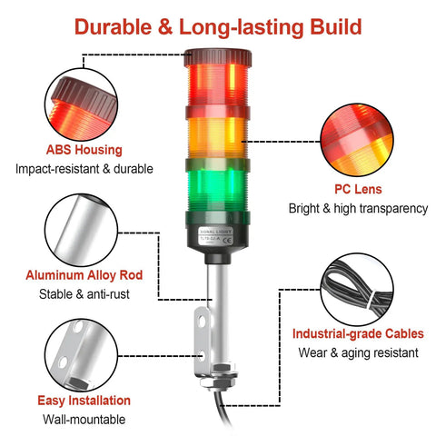 Triple Stack LED Andon Tower Light With Buzzer 24VDC Red Yellow Green Signal Lights Off On 32.8ft Extension Cord durability features