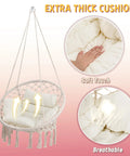 Boho Macrame Hammock Chair Swing With Overstuffed Cushion For Indoor And Outdoor Cozy Vibes Beige Solid Steel Frame Easy Setup