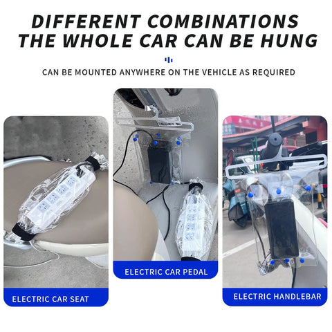 Top Shelf Waterproof Charging Cover For Electric Scooters And Ebikes Clear Rainproof Outlet Guard with Tough Snap Straps on electric car seat, pedal, and handlebar.