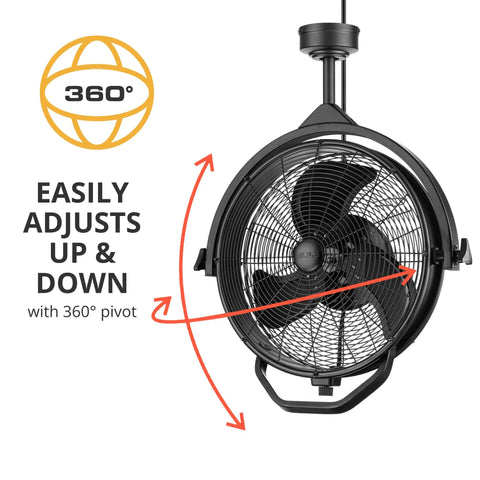 Rugged Outdoor 18 Inch Ceiling Mount Fan With Dual Height Mount Options 360 Degree Direction Up And Down Adjustable shown in close-up.