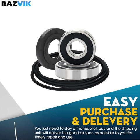 Heavy Duty Front Load Washer Tub Bearings And Seal Kit Replacement For Compatible Models Smooth Spinning Action With Badass Durability, featuring three bearings and rubber seals.