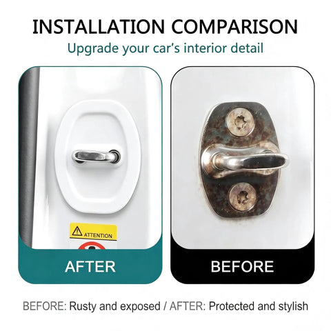 Installation comparison of Heavy Duty Silicone Door Latch Covers for Your Ride, showing protected and exposed car door latches.