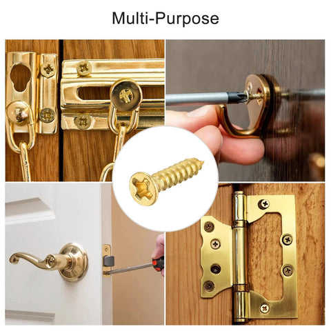 100 Count Brass Wood Screws M2 By 10mm Phillips Flat Head Self Tapping Fasteners shown in multi-purpose applications for easy installation.