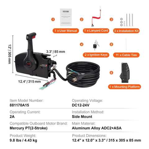Side Mounted Outboard Remote Throttle Control Box With Power Trim Switch And Lanyard 16.3 Ft Harness 8 Plus 4 Pin Marine Throttle Controller For Mercury PT 2 Stroke Engines Durable Aluminum Housing And Crack Resistant ABS Handle shown with accessories