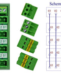 Slim DIN Rail Mount Pluggable Screw Terminal Block Distribution Module 15-Position 5x3, 300V 10A Per Position with schematic