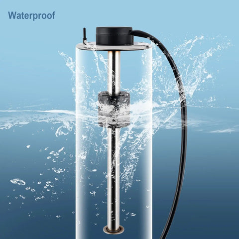 7 Inch 180mm Electric Fuel Water Tank Level Sensor Sending Unit with waterproof design and clear liquid flow demonstration.