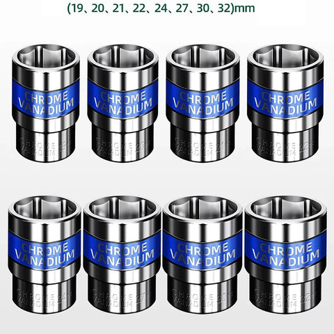 8 Piece Hex Socket Wrench Bit Set With No Slip Grip And Slick Chrome Finish Heavy Duty Precision Drive Bits in various sizes.