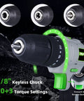 20V Cordless Drill Set With Hammer Drill Function And 3 In 1 Power Drill Kit, close-up of 3/8 inch chuck and torque settings