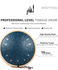 13 Inch 15 Note Steel Tongue Drum In D Major Navy Blue Hand Pan Percussion Kit with titanium alloy surface and tuned notes.