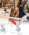 Heavy Duty 2 Pack Vertical Toggle Clamps Lock Down Jobs In Seconds With A Comfort Grip Non Slip Lever And Fast Actuation, shown in workshop setting, galvanized steel, 148mm height.