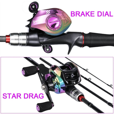 Close-up of Carbon Fiber Fishing Rod 1.8m 2.1m Ultra Light Portable 5 to 6 Sections Baitcasting Reel Combo showing brake dial and star drag.