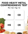 Heavy Metal Test Kit Straight Up Easy Detection for Lead Mercury Cadmium Chromium in Food and Water Quick Results, testing visual with food items.