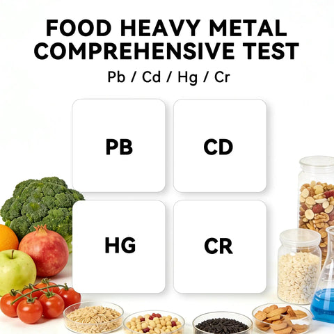 Heavy Metal Test Kit Straight Up Easy Detection for Lead Mercury Cadmium Chromium in Food and Water Quick Results, testing visual with food items.
