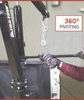 Beast Mode Hydraulic Pickup Truck Crane With 360 Degree Pivot And Integrated Hand Winch Built Legit For Up To Two Thousand Pound Vehicle Load Towing, showing pivoting mechanism.