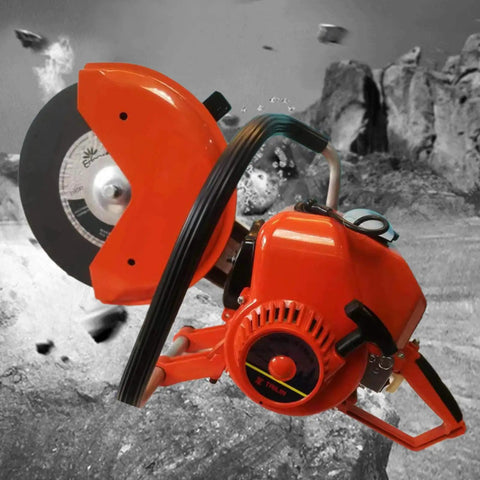 Professional Grade Hardcore Cordless Gas Concrete Saw Cuts Like Crazy For All Day Demolition Grinds And Crushes Steel Marble And Brick Without Breaking A Sweat On The Job Site, showing robust orange saw with blade.