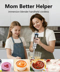 Woman using Cordless Immersion Hand Blender 3 In 1 With Whisk And Milk Frother No Cord Hassle 8 Speed Emulsion Mixer For Soups And Smoothies Rechargeable USB C Fast Charge Portable Handheld Blender For Easy Cooking with child in kitchen