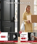 No More Fumbling Keyless Entry Door Lock For Front Door With Keypad And One Hundred Stored Codes Rock Solid Electronic Deadbolt Auto Lock Easy Install Satin Nickel Finish keeps home secure with box in hand.