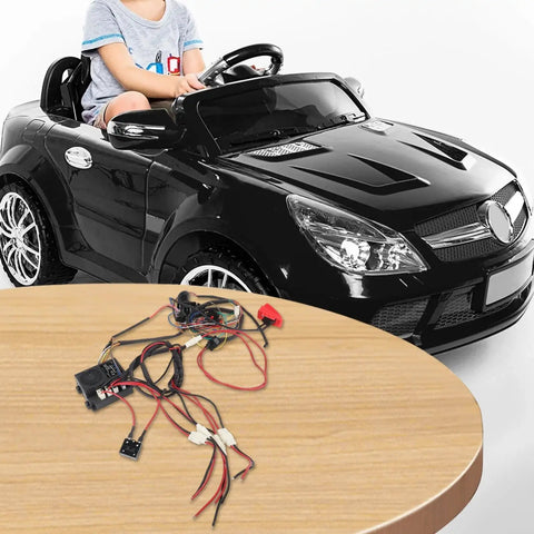 24V Wiring Harness Conversion Kit With 2.4G Remote And Switch Box For Upgrading Your Kids Ride On Toys From 12V To 24V Motors No Fuss Install Plug And Play All In One Power Upgrade Solution For Electric Vehicles on table with black ride-on car in the background.