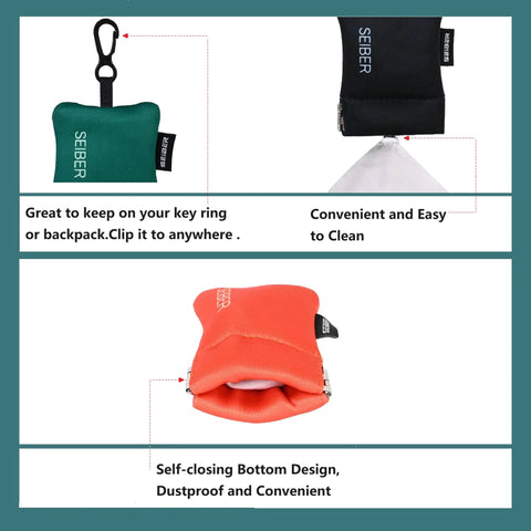 SEIBER eyeglass cleaning microfiber cloths with neoprene pouch; 7x7 in; set of 3 in green, black, and orange with carabiner.
