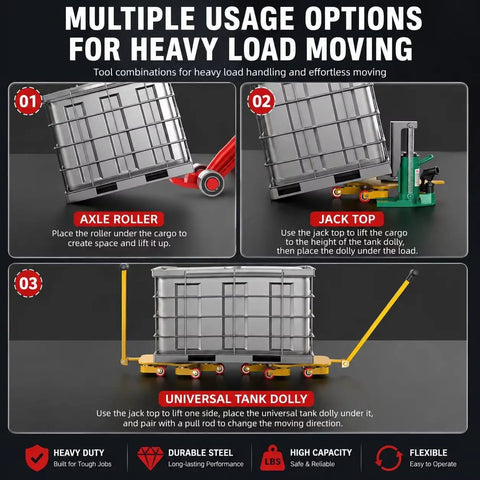 Multiple usage options for moving heavy loads using Badass Machine Skate Rated For 12 Ton Loads Featuring Rugged Carbon Steel Construction And Dual Ball Bearing Rollers.