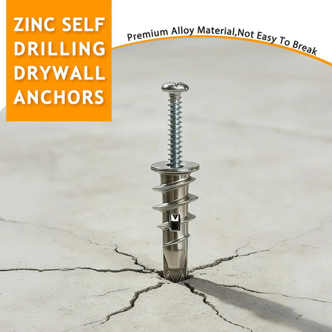Built Tough Heavy Duty Zinc Alloy Drywall Anchors With Self Drilling Screws, showing a detailed anchor embedded in a cracked surface.