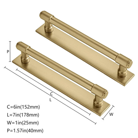 Straight Up Heavy Duty 6 Inch Cabinet Pulls With Slick Brushed Gold Finish And Solid Brass Base Plate For Kitchen Drawers, 6 inch spread.