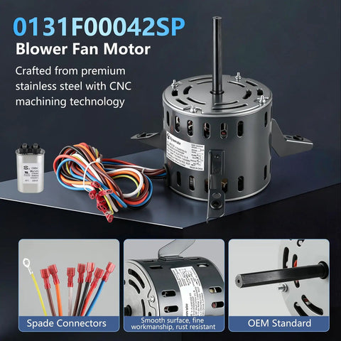 Heavy Duty 1/2 Hp 4 Speed Blower Fan Motor Compatible With Goodman Furnace Replacement 0131F00042 115V 1130 Rpm 7A Hvac Blower Motor Oem Standard Quick Swap with stainless steel design and spade connectors.