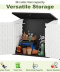 Spacious 36 Cu Ft Plastic Outdoor Storage Shed With Wood Grain Finish Waterproof Backyard Cabinet open showing garden tools inside