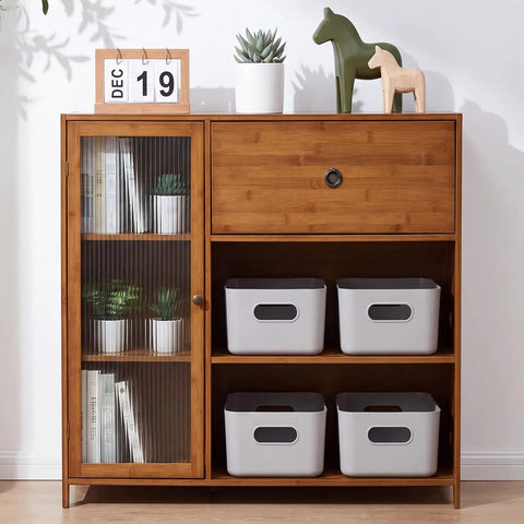 Ten Pack Gray White Plastic Storage Bins With Reinforced Handles For Home Organization And Closet Pantry Use Stackable Small Containers on wooden shelf.
