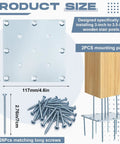 Two Pack Railing Newel Post Mount Kits For 3 To 3.5 Inch Wooden Staircases Featuring Slick Hidden Base Plates And Built Tough Steel Hardware Plus Hassle Free Setup Screws with 117mm base size and long screws.