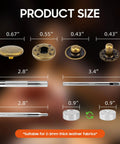 Pro Gear Metal Snap Buttons 40 Sets 17Mm Fasteners With No Sweat Assembly Tools For Leather Jackets And Fabric Projects size chart with button dimensions.