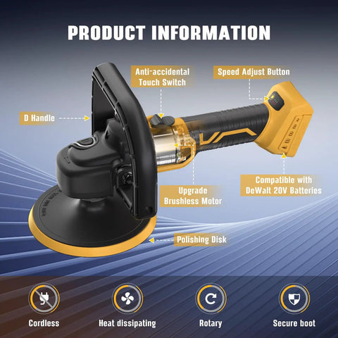7 Inch Cordless Rotary Buffer Polisher Kit For Auto Detailing Car Waxing And Paint Correction Compatible With Pro Power Tool Batteries showing features like handle and brushless motor.