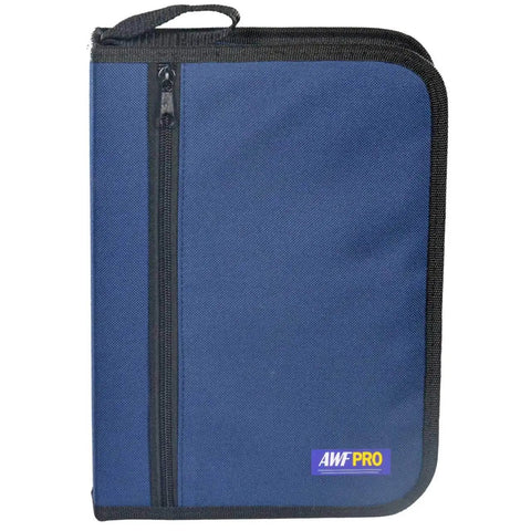 Hella Precise Laser Distance Measuring Kit With Slick Carry Case For Jobsite Tasks, compact blue carrying case with zipper.