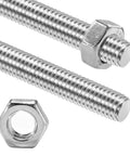Two M12 x 300mm stainless steel fully threaded studs with hex nuts, side view.