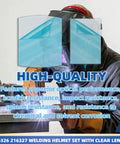 Rock Solid Clear Replacement Welding Helmet Lenses Featuring Heavy Duty Polycarbonate Build With Tough As Nails Clarity For Daily Trade Jobs Complete Twenty Piece Replacement Kit on a welder.