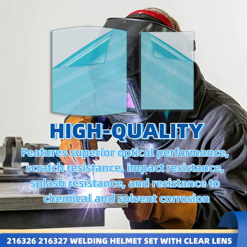 Rock Solid Clear Replacement Welding Helmet Lenses Featuring Heavy Duty Polycarbonate Build With Tough As Nails Clarity For Daily Trade Jobs Complete Twenty Piece Replacement Kit on a welder.