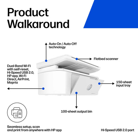 Side view of Wireless Laser Printer For Small Teams With Fast Black And White Printing Scanning And Copying Easy Setup And Mobile Printing Budget Friendly Compact MFP Built For Home Office Or Tiny Teams, showing input tray and scanner.