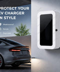 Tough As Nails Outdoor EV Charger Enclosure With Combination Lock And Weatherproof Visible Window for Tesla Charger Storage Security on Garage Driveway or Home Charging Station Setup Black Passcode mounted on wall beside a car.