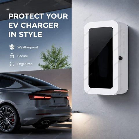 Heavy Duty EV Charger Enclosure With Combo Lock And Cable Keeper, sleek white wall mount shell for Tesla and Level 2 plugs.