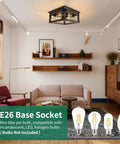Rustic Wood Four Light Flush Mount Ceiling Fixture With Open Geometric Cage in cozy living room setting, E26 base shown