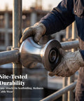 Rock Solid Nylon Cable Pulley Wheel With Center Bearing Hole Spins Smooth As Butter For Steel Wire Rope And Rigging Lines On Scaffold Tower Setup No Snags, shown being attached to scaffolding.