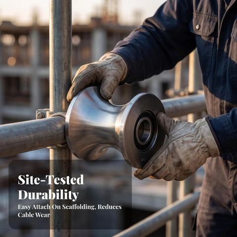 Heavy Duty Grooved Pulley Wheel With Flared Nylon Sheave For Scaffold Tube Rigs, shown in use attaching to scaffold.