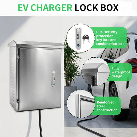 Tough As Nails Stainless Steel EV Charger Lock Box With Keyed Secure Cover, featuring waterproof design and dual locks.