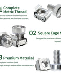 Top Shelf Rock Solid Heavy Duty M6 X 16mm Rack Mount Cage Nut Kit With Screws and Flat Washers For Server Racks and Cabinet Installation Nickel Plated Steel 50 Pack Set showing complete M6 screws and square cage nuts.