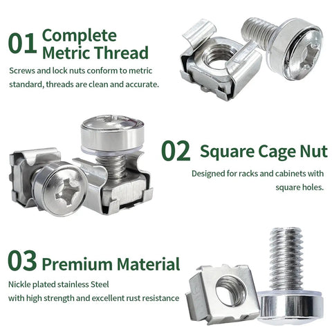 Top Shelf Rock Solid Heavy Duty M6 X 16mm Rack Mount Cage Nut Kit With Screws and Flat Washers For Server Racks and Cabinet Installation Nickel Plated Steel 50 Pack Set showing complete M6 screws and square cage nuts.