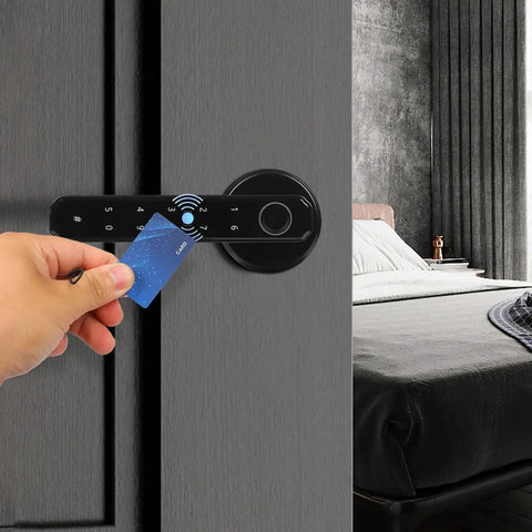 No Sweat 4 In 1 Smart Door Lock With Rapid Fingerprint Scanner Keypad Pin Ic Card Swipe And Mechanical Key Backup Solid Matte Black Lever For House Or Apartment Set Up, user swiping card.
