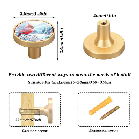 Fresh Winter Red Bird Oil Painting Round Cabinet Knobs 4 Pack One Twenty Five Inch Kitchen Drawer Pulls And Dresser Hardware showing dimensions and mounting options.