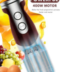 Powerful 12 Speed Immersion Blender With Durable Stainless Steel Blades For Smooth Soups And Thick Shakes, featuring a 400W motor.