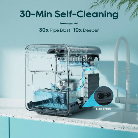 Side view of Countertop Ice Maker With 1.5L Water Tank Delivers Bullet Ice In 6 Minutes Turbo Fast Two Ice Sizes Self Cleaning Portable
